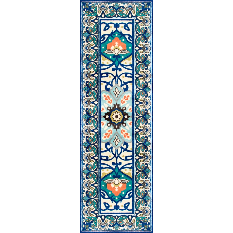 Jewel Tone Floral Printed Rug | Blue