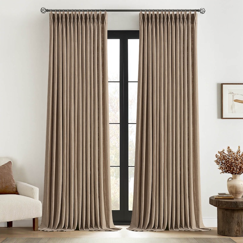 MIULEE Pinch Pleated Linen Curtains 96 Inches Long 2 Panels for Living Room Bedroom, Textured Thick Linen Drapes Pleat Back Tab Light Filtering Country Farmhouse Burlap Brown Curtains with Hooks