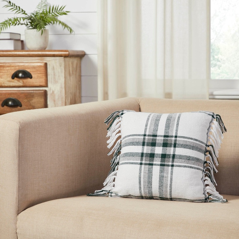Harper Plaid Green White Pillow Fringed 12×12