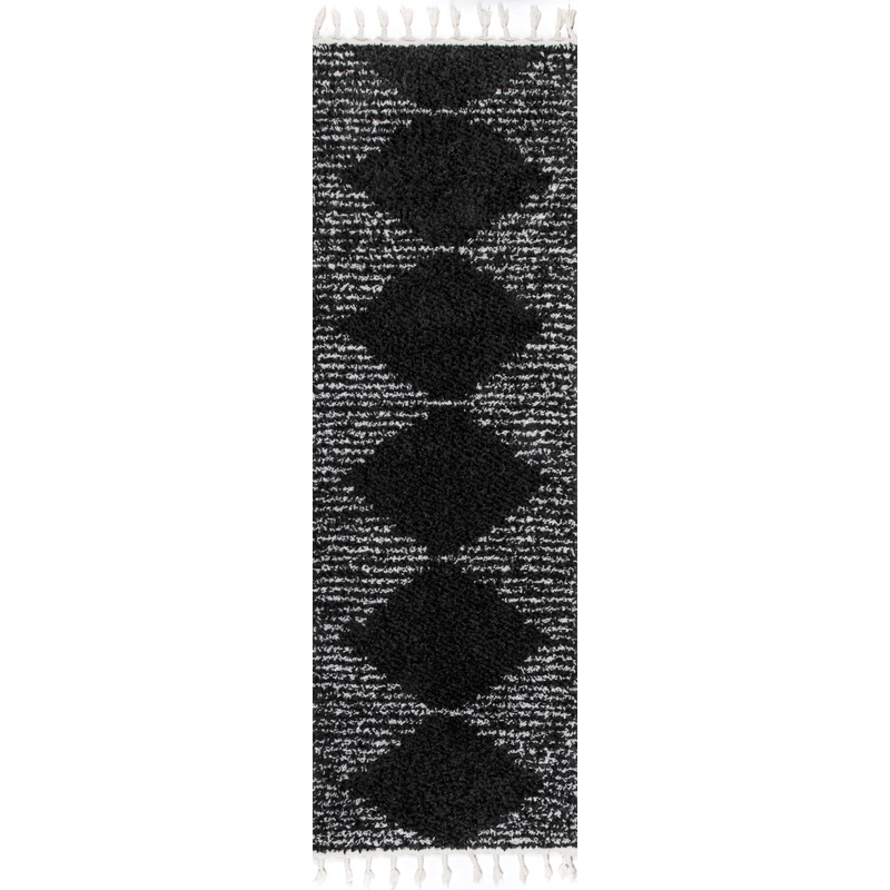 Moroccan Diamond Pinstripes Tassel Rug | Black