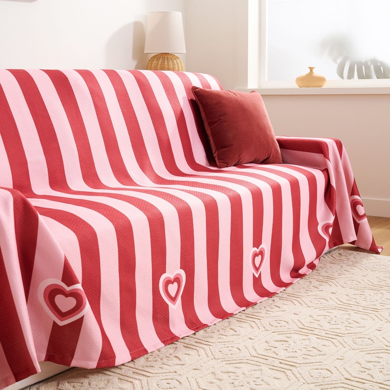 Unique Love Style Striped Chenille Sofa Cover Pink Red Hearts Plush Breathable Comfy High-Resistance Fabric
