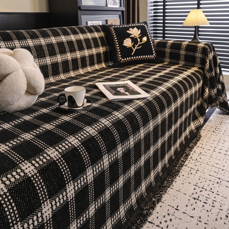 Urban Grid Pattern Plush Pet-Friendly Multi-Purpose Minimalist Vintage Sofa Cover  Durable Woven Throw Couch Protector in Earth Tones