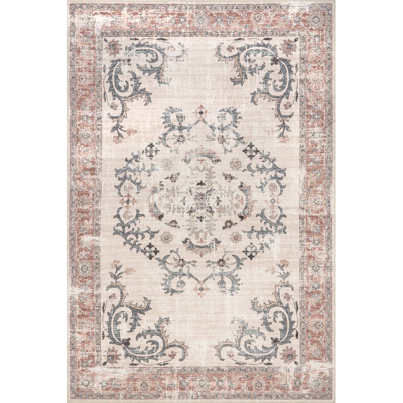 Faded Wreath Washable Rug | Light Grey