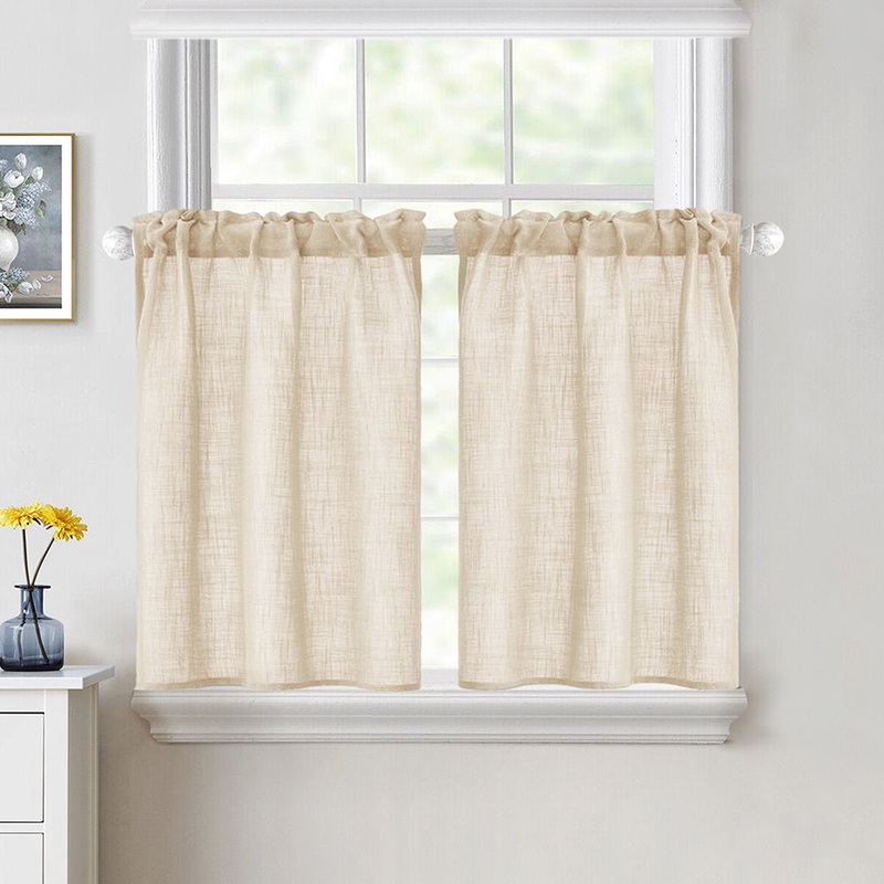 MIULEE Cafe Curtains 24 Inch Length Half Window Curtain Semi Sheer Farmhouse Short Linen Drapes for Kitchen Bathroom Basement Small Window, Rod Pocket Tier Curtains 2 Panels, Light Olive Green