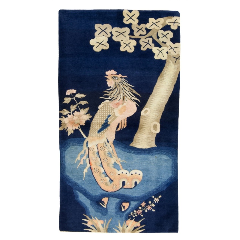 ANTIQUE CHINESE PAO TAO BLUE BEIGE PHOENIX 2′ 6″ x 4′ 11″
