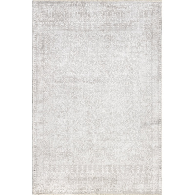 Edna Fringed Vintage Medallion Washable Rug | Light Grey
