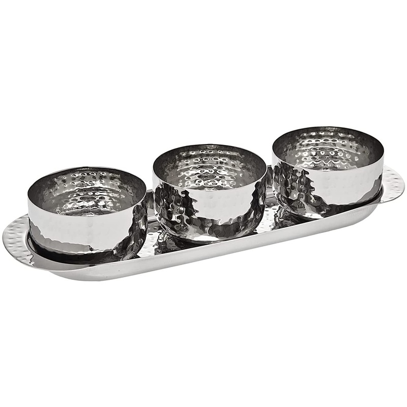 Godinger Relish Bowl and Tray Condiment Dip Holder by Godinger Set of 3 -Mini Stainless Steel Hammered