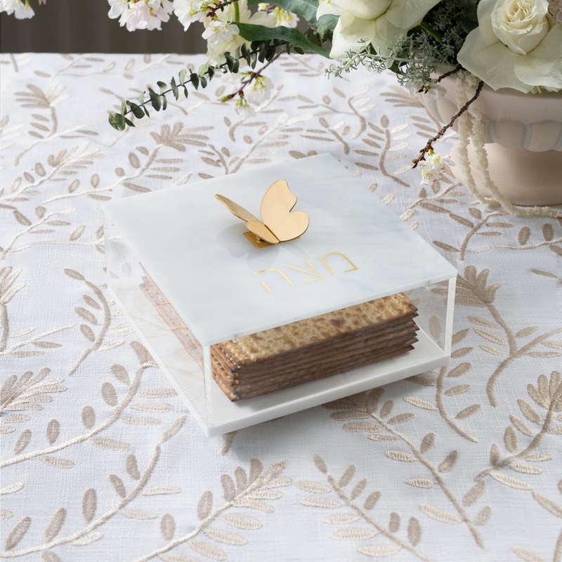 Myrtle & Rum Square Matzah Box with Butterfly Knob, White