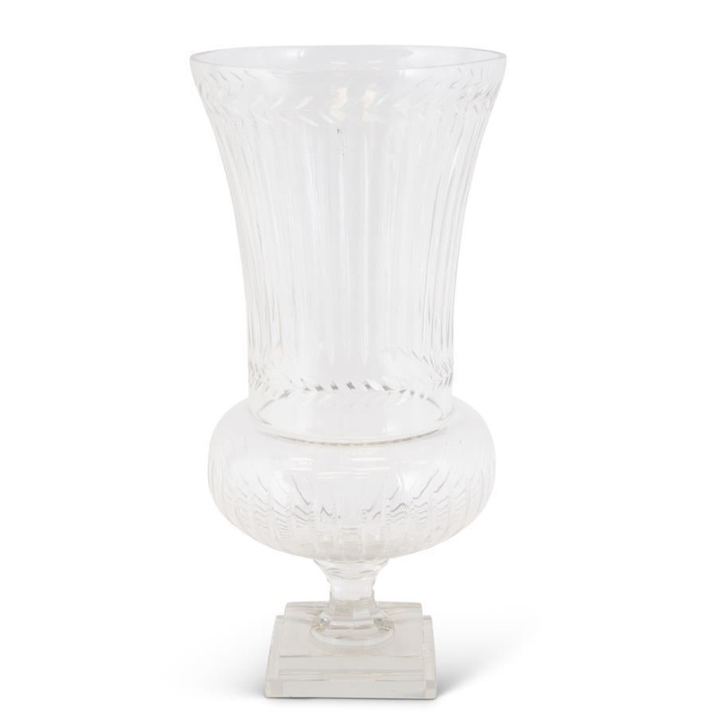 Etched Laurel Clear Glass Vase on Pedestal