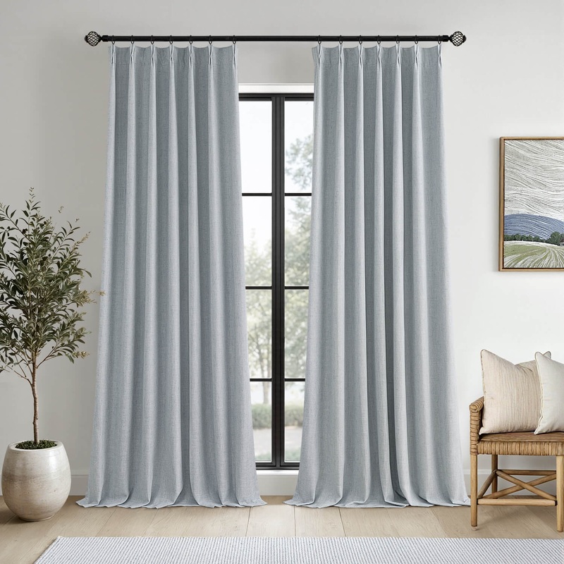 MIULEE Grayish Blue Pinch Pleated 100% Blackout Linen Curtains 102 Inch Length 2 Panels Set, Pleat Curtain with Pin Hooks, Black Out Light Blocking Room Darkening Drapes for Bedroom Living Room Window