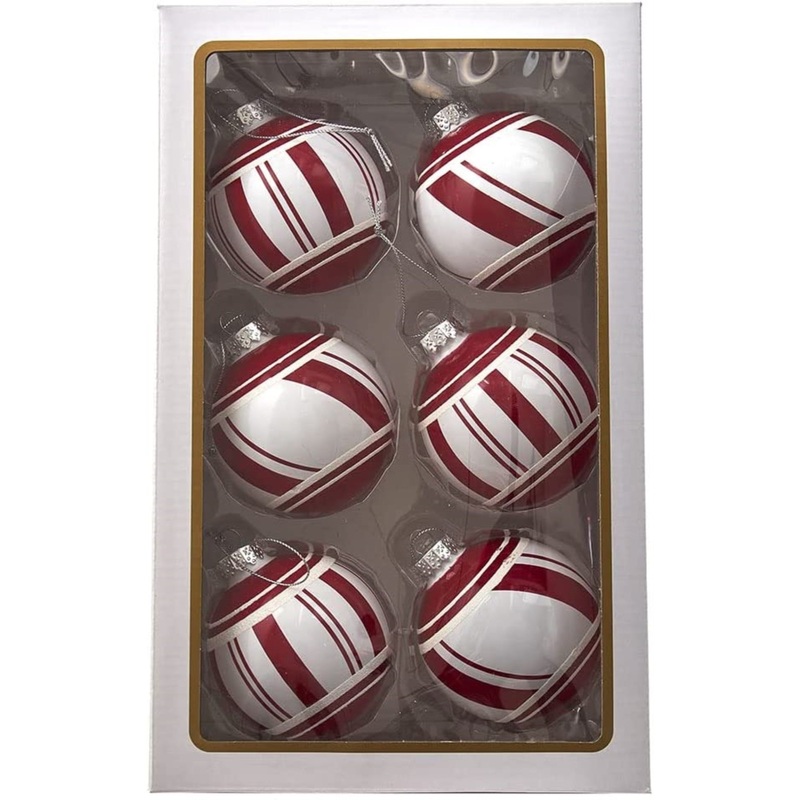 Kurt Adler Glass Red and White Ball Ornaments, 6-Piece Box, 3″
