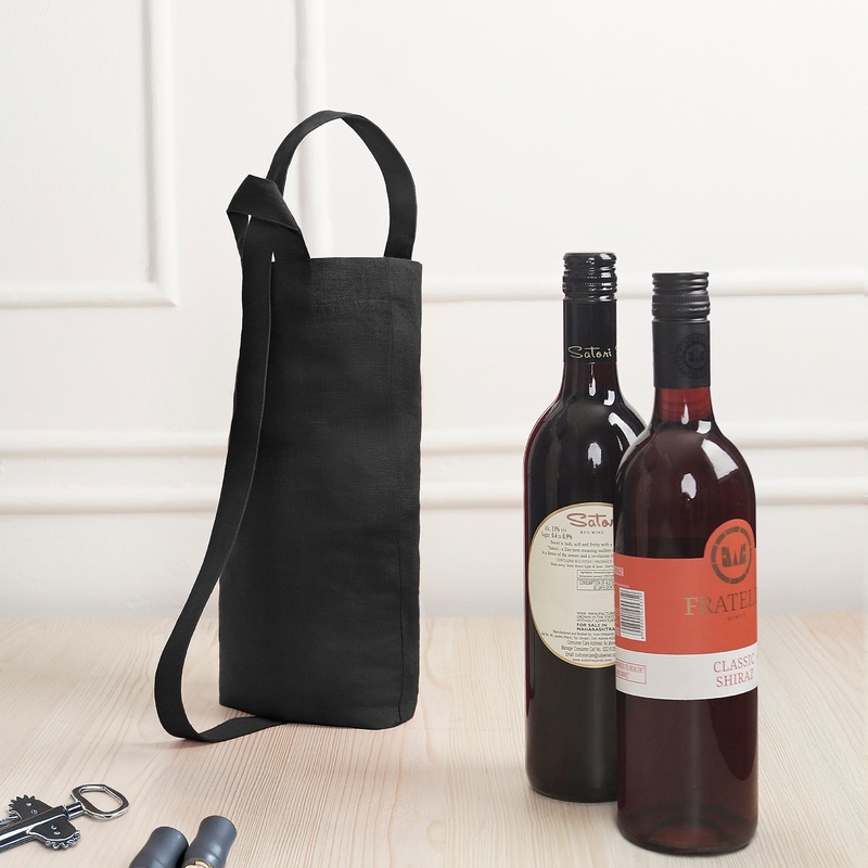Black Linen Wine Bag