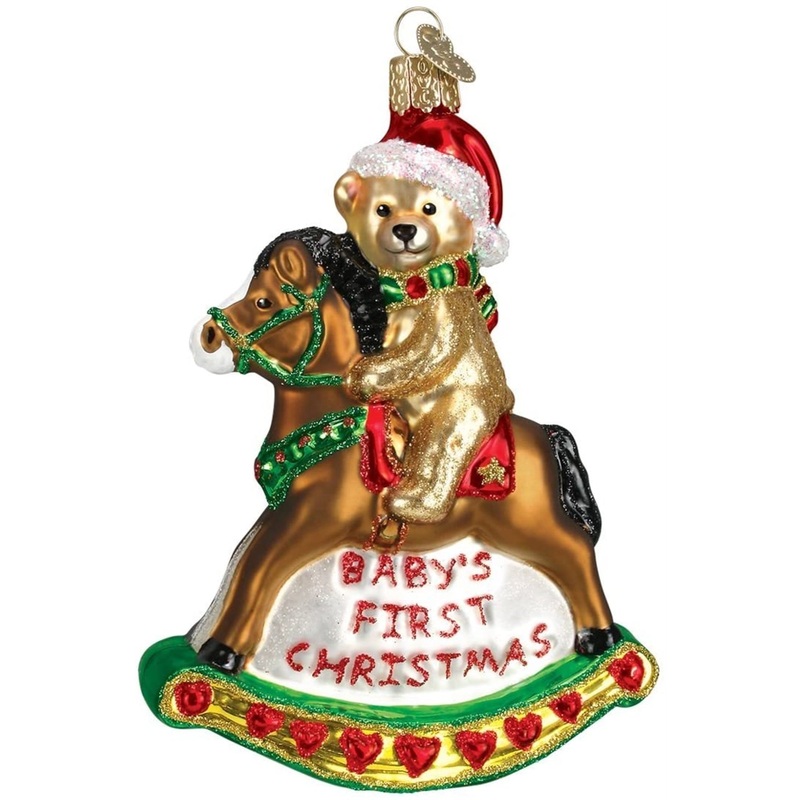 Old World Christmas Blown Glass Ornament for Christmas Tree, Baby’s First Christmas Rocking Horse