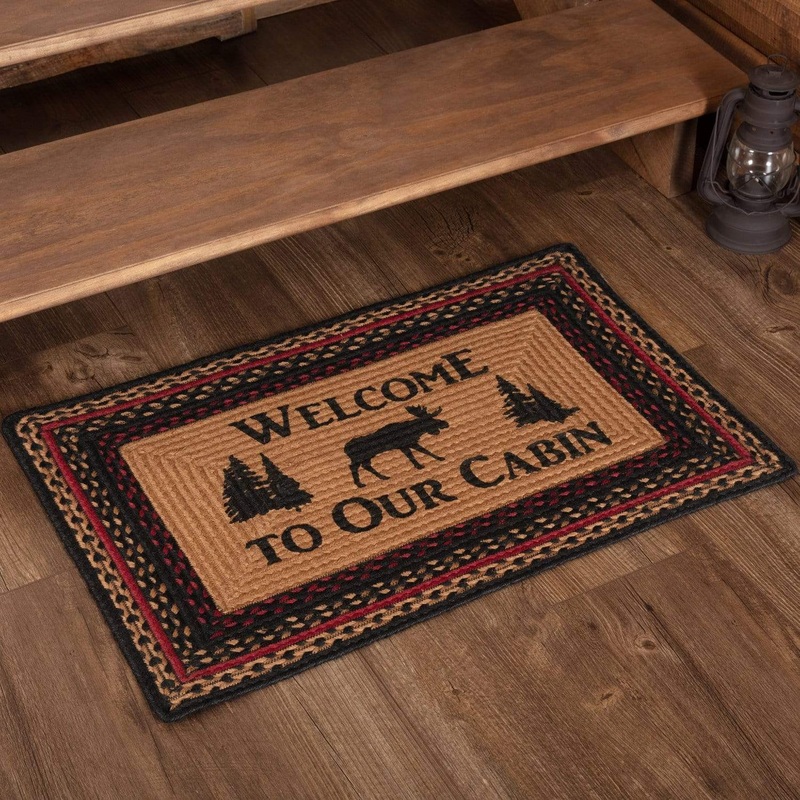 Cumberland Stenciled Moose Jute Rug Rect Welcome to the Cabin w/ Pad 20×30